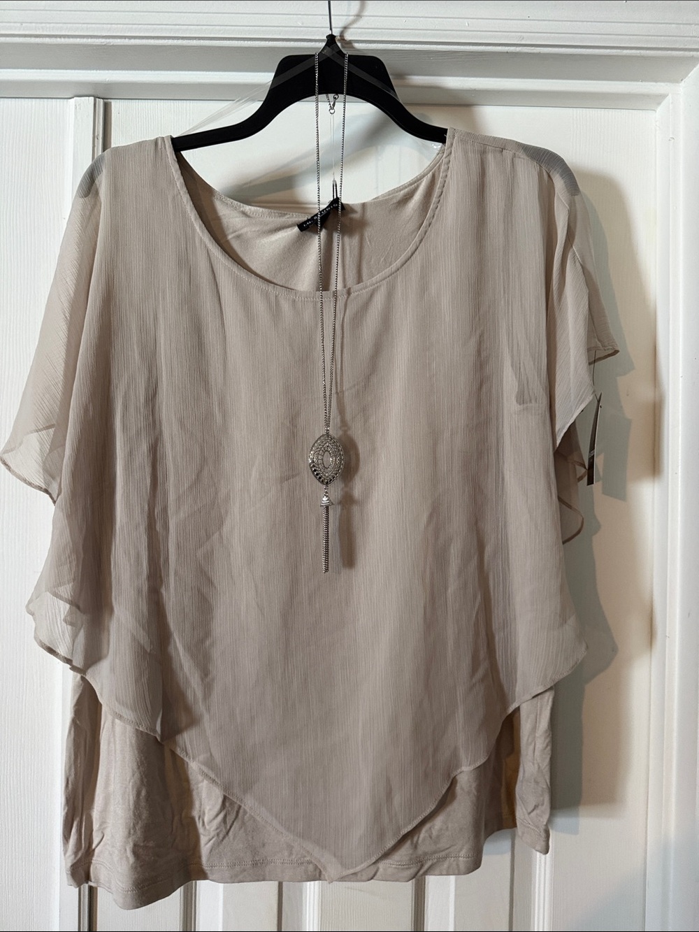 I.N. Studio Light Taupe Layered Chiffon Flutter Sleeve Top